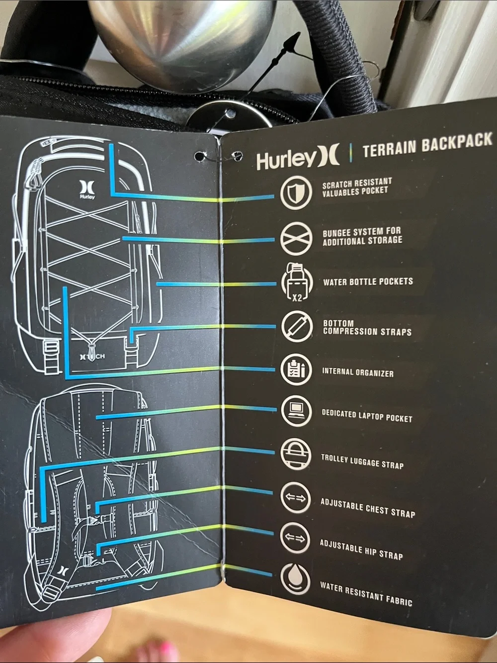 Hurley Black Terrain Backpack with Bungee Front